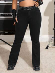 Jeans de Mezclilla para Mujer Talla Grande: Color Negro Flare, Tejido Elástico y Diseño Adelgazante. ¡Únete a la Moda!​ - Negro - Ver 1