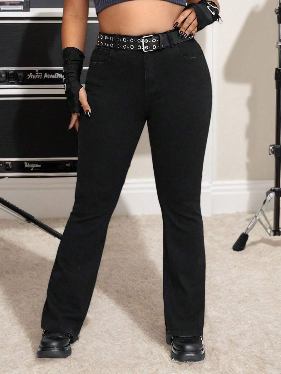 Jeans de Mezclilla para Mujer Talla Grande: Color Negro Flare, Tejido Elástico y Diseño Adelgazante. ¡Únete a la Moda! - Negro - Ver 1