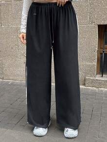 Muchica Pantalones cómodos de tiro con cordón, de pierna recta y de color negro y contraste, para tallas grandes