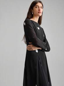 Ontre 2026春夏女士长款波点连衣裙，黑白配色，适合派对和情人节穿着，A字版型，收腰设计，长袖，圆领，休闲时尚，商务休闲，通勤穿着，显瘦，都市日常穿搭，简约优雅，百搭长裙 - 黑色 - 查看 6