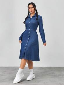 Flexra Women's Casual Washed Front Button Denim Dress - Khaki - View 6