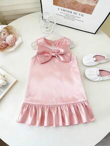 Elladie kids 女童无袖连衣裙，正面蝴蝶结装饰，可爱淑女，简约设计，多层拼接，适合外出、生日派对、日常聚会等场合。 - 粉色 - 查看 4