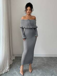 Rafferiza 女士纯色蝴蝶结长袖弹力修身露肩针织连衣裙，法式优雅珍珠装饰露肩超大领针织连衣裙，秋冬针织长裙，返校季针织连衣裙，音乐节，圣诞节，仙女装，秋季婚礼宾客连衣裙 - 灰色 - 查看 3