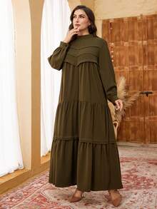 Al Najma Plus Size Women Stand Collar Long Sleeve Split Loose Casual Dress, Suitable For Spring And Autumn Daily And Outdoor Activities - Olive Green - View 4