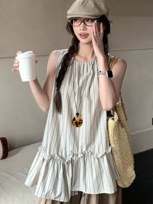 SHEIN K-Vae 女士休闲日常通勤度假条纹印花不对称荷叶边下摆宽松背心，夏季 - 杏色 - 查看 1