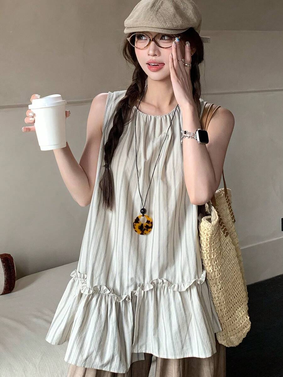 SHEIN K-Vae 女士休闲日常通勤度假条纹印花不对称荷叶边下摆宽松背心，夏季 - 杏色 - 查看 1
