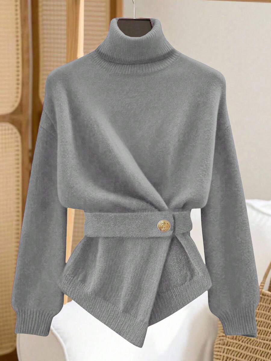 Franclia Women's Elegant High Neck Loose Waist Tie Design Asymmetrical Hem Pullover Sweater, Winter Women Sweaters Gray Sweater Turtle Neck Women Winter Clothes For Women Sweaters - Grey - View 1