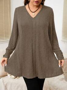 EMERY ROSE Plus Size Women's Solid Color V-Neck Long Sleeve Button Design Casual Ribbed T-Shirt - Brown - View 5