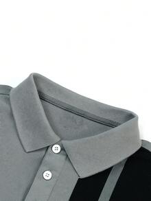 Manfinity Homme 男士条纹长袖休闲通勤 Polo 衫 - 灰色 - 查看 4