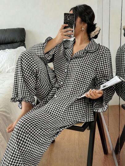 加大码格子翻领睡衣套装