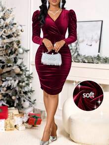 SHEIN Lady Women's Solid Color Minimalist V-Neck Long Sleeve Short Casual Dress,Dresses For Women Elegant Burgundy Dress For Women Velvet Dress For Women - Burgundy - View 2