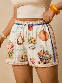 Travachic Plus Size Women's Fruit & Floral Print Elastic Waist Shorts,Beige Boho Summer Beach Holiday Early Spring Printed Comfy Resort Wear Vacations - Multicolor - View 3