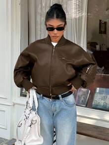 Muchica Damska kurtka casualowa na co dzień, w jednolitym kolorze, z kieszeniami na zamek, jesienna - Kawowy brązowy - Zobacz 3