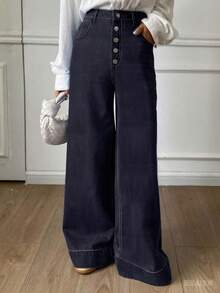 DAZY 女式高腰宽松水洗斜口袋纽扣门襟长牛仔裤 - 霧霾藍 - 查看 2