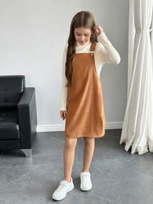 SHEIN NovaGlow Tween Girl Tween Girls Solid Pocket Patched Overall Dress Without Sweater - Khaki - View 4