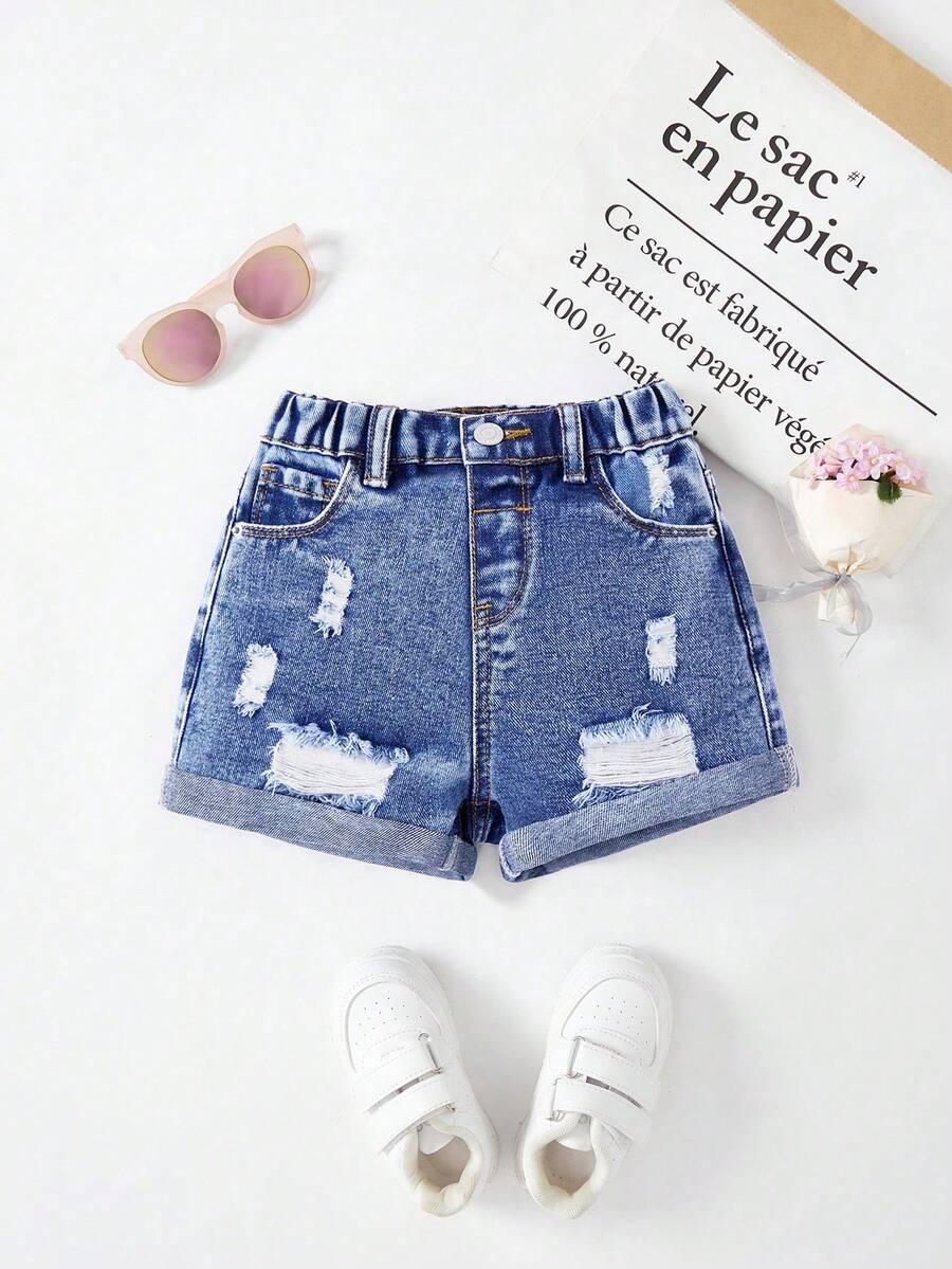 SHEIN Young Girl' Casual Versatile Wide Leg Loose Distressed Cuffed Denim Shorts - Medium Wash - View 1