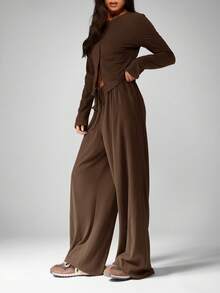 MISSGUIDED Women's Button Front Cardigan And Wide Leg Drawstring Pants Two Piece Coordinating Set For Fall Winter Casual Loungewear - Mocha Brown - View 5