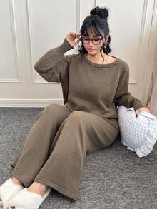 CovetEZ Plus Size Solid Color Crew Neck Long Sleeve Sweater And Pants Casual Matching Set, Autumn/Winter Comfortable Two Piece Set - Brown - View 6