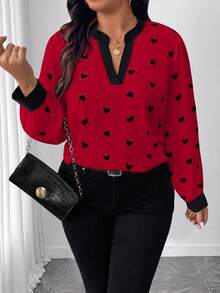 Elenzga 大码女式优雅时尚百搭心形印花V领衬衫 - 紅色 - 查看 6