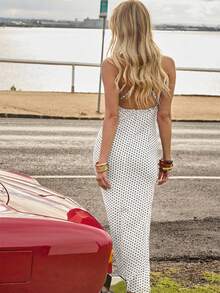 Aralina Fall / Winter Halter Neck Tie Up Polka Dot Y2K Maxi Dress With Ruffle Detail For Going Out And Night Out Dress Perfect For Homecoming - White - View 2