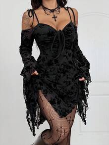 Coolane 女士秋冬四季皆宜 Grunge 哥特 Y2K 朋克街头风锐舞派对装扮夜店服饰弹力舒适网纱露肩长袖黑色优雅连衣裙 - 黑色 - 查看 1