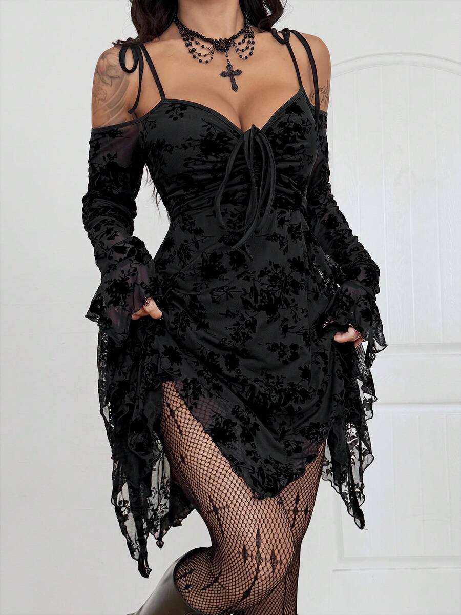 Coolane 女士秋冬四季皆宜 Grunge 哥特 Y2K 朋克街头风锐舞派对装扮夜店服饰弹力舒适网纱露肩长袖黑色优雅连衣裙 - 黑色 - 查看 1