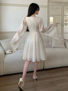 Feyla Women's Elegant Overlap Collar Split Sleeve Waist Cinched Dress, Autumn - Apricot - View 2