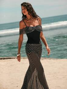 Swim Oasis Women's Spaghetti Strap Off-Shoulder Front Ruched One-Piece See-Through Skirt Two Pieces Swimsuit - Black and White - View 8