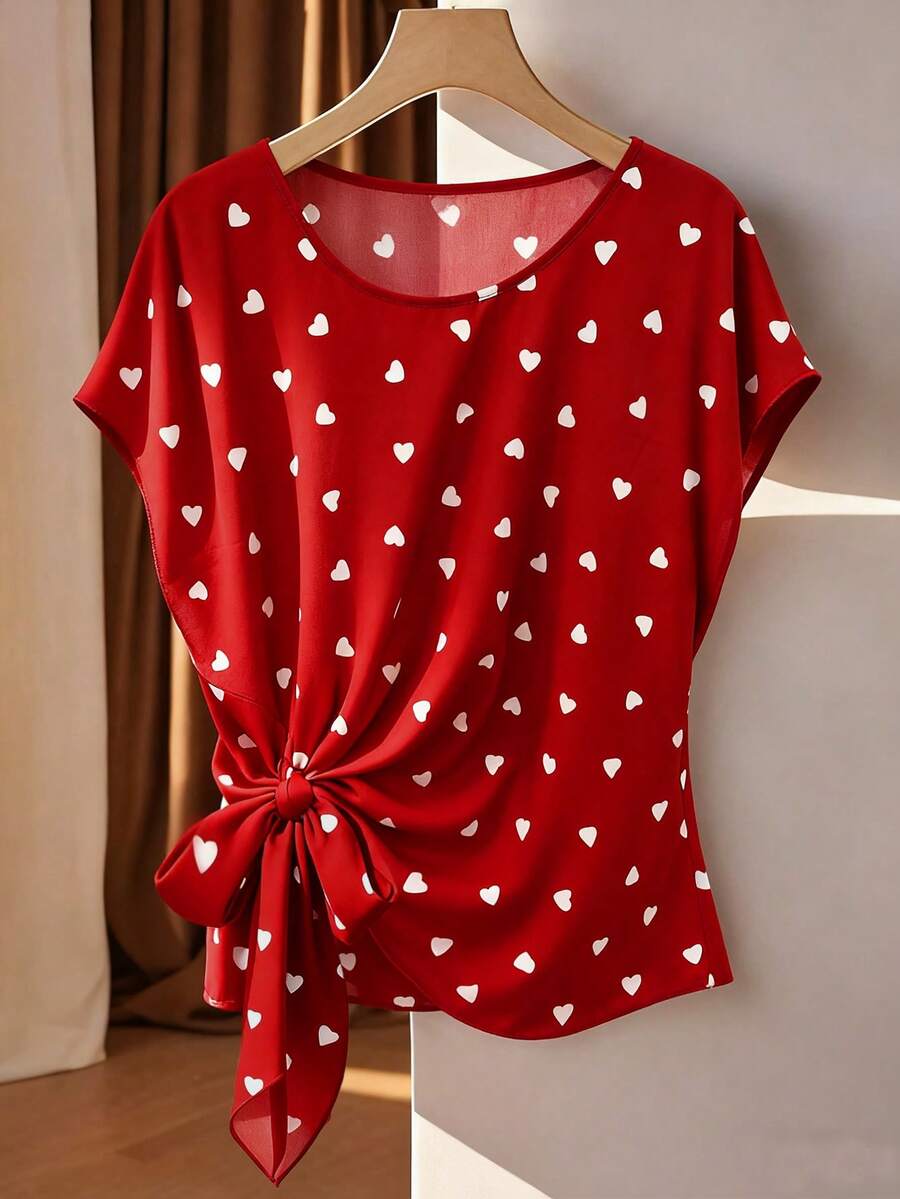 Franclia 加大码黄色爱心蝴蝶结编织衬衫，春夏款 - 紅色 - 查看 1