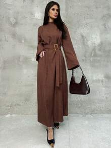 Firerie Đầm nữ tay dài cổ vuông màu trơn thiết kế kim loại thanh lịch - Cà phê - Xem 8