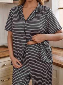 Doze Lane Ensemble cardigan et pantalon à manches longues, imprimé rayé, ample et décontracté, avec col châle, pour femmes grandes tailles - Noir - Voir 5