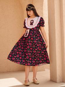 SHEIN 传统阿拉伯少女长袍，黑色底色，饰以复古红色花卉印花，配有彼得潘领、卡通图案和配套可爱小包，甜美时尚，适合日常穿着、节日庆典、拍照等各种场合，符合当下“花卉碰撞、趣味细节、整体造型”的少女流行趋势。 - 鏽棕色 - 查看 4