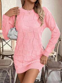 EMERY ROSE Women's Loose Casual Round Neck Drop Shoulder Long Sleeve Knitted Sweater Dress, Autumn/Winter - Baby Pink - View 5