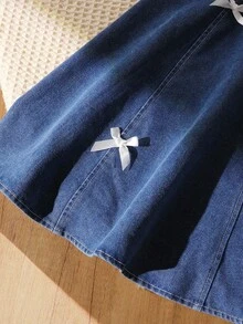 Tween Girls' Summer Casual Fashionable Dress, White Textured Bow Decor, Puff Sleeves, Denim Patchwork, Suitable For Summer Back To School, Sweet & Lovely Lady-Like Daily, Vacation, Travel, Photo Shoot Fall Winter - Multicolor - View 8