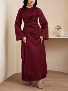 Veilorie 端庄优雅的阿拉伯风格褶裥喇叭袖连衣裙，女士款 - 酒紅色 - 查看 5