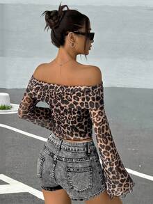 SHEIN EZwear Women's Leopard Print Mesh Off Shoulder Flare Sleeve Cropped Top - Multicolor - View 2