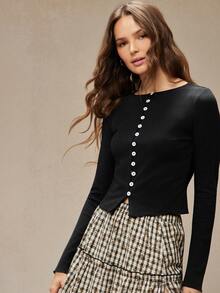 WESTFADE Rib Knit Button Front Long Sleeve Round Neck Fitted Top Winter, Boho, Western Wear, Holiday, Christmas, NYE, New Year, Nashville Cowgirl, Casual, Cute - Black - View 4