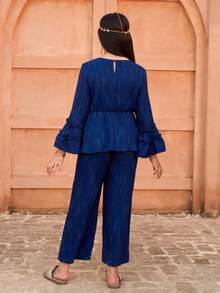 Tween Girl Spring/Autumn Vacation Style Woven Strap Decor Tassel V-Neck Flare Sleeve Peplum Top & Wide Leg Pants Set Abaya - Blue - View 2