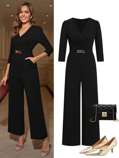 Ellevyn Women's V-Neck Pleated 3/4 Sleeve Knit Elastic Waist Slim Straight Leg Pants With Metal Chain Decor, Elegant For Daily Wear And Commuting, Autumn/Winter