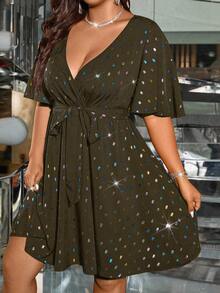 SHEIN Clasi Plus Size Women Laser Sequin Waist Flattering Elegant Light Cocktail Dress - Army Green - View 5