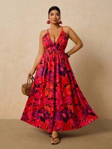Travachic Vestido de verano de talla grande con cuello en V profundo, sin mangas y estampado floral y de plantas en estilo bohemio - Rojo - Ver 7