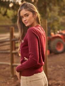 WESTFADE Horse Jacquard Crew Neck Long Sleeve Button Front Relaxed Knit Cardigan Sweater Winter, Boho, Western Wear, Holiday, Christmas, NYE, New Year, Nashville Cowgirl, Casual, Cute - Burgundy - View 5