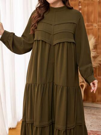 Al Najma Plus Size Women Stand Collar Long Sleeve Split Loose Casual Dress, Suitable For Spring And Autumn Daily And Outdoor Activities