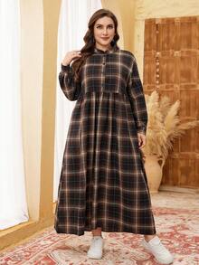 Lacomfia Irregular Random Floral Plaid Classic Fashion Elegant Minimalist Loose Comfortable Everyday Versatile Slimming New Dropped Shoulder Sleeve Button Decor Plus Size Women Dress