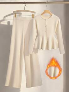 SHEIN Franclia طقم بلوزة وبنطلون بأكمام طويلة ذات لون أحادي بتصميم بسيط، ملابس كاجوال للاستخدام اليومي للنساء - لون مشمشي - مشاهدة 1