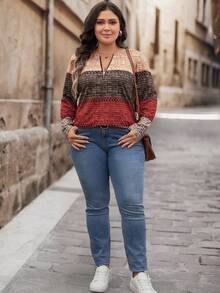 SHEIN LUNE 大码女装圣诞节半拉链T恤，圣诞秋冬上衣，波西米亚风 - 橘色 - 查看 5