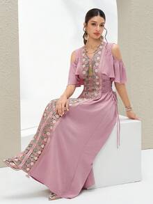 Al Najma Women's Solid Color Patchwork Fringe Detail Minimalist Long Arabic Style Dress, Arabian Dresses Romantic Young Pink Dress - Pink - View 6