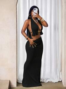 BamGleam Bộ đồ nữ gợi cảm gồm áo hai dây đính vỏ kim loại và chân váy họa tiết, thích hợp cho mùa hè. - màu đen - Xem 6