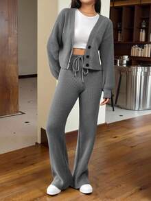 SHEIN EZwear 秋冬季女士休闲纯色长袖针织开衫两件套 - 深灰色 - 查看 6
