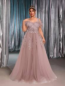 Glamrae 大码优雅奢华露肩精致刺绣网纱拼接腰部贴花A字新娘婚纱，情人节 - 粉色 - 查看 4